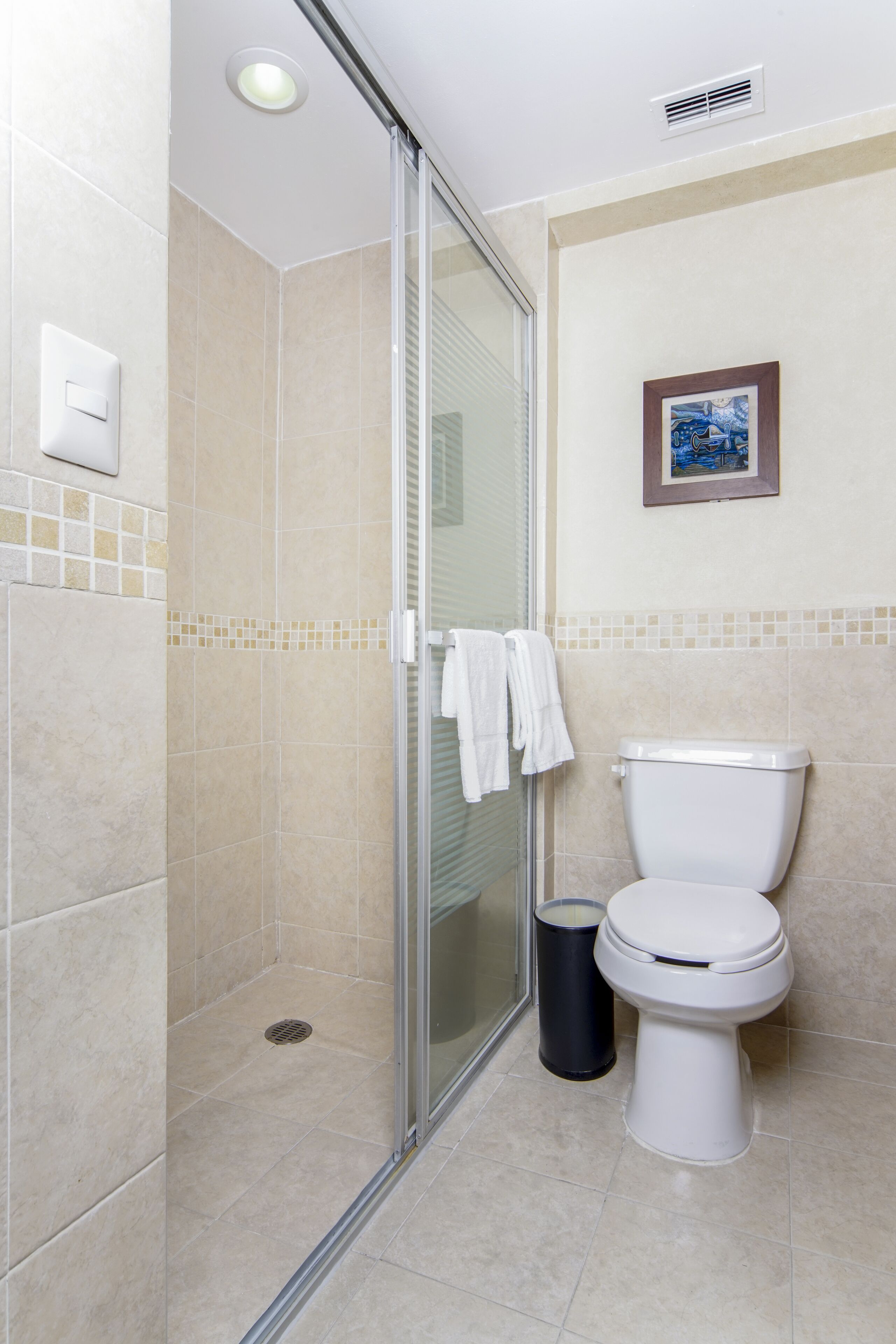 Baño con cabina de ducha de vidrio, inodoro y cubo de basura.
