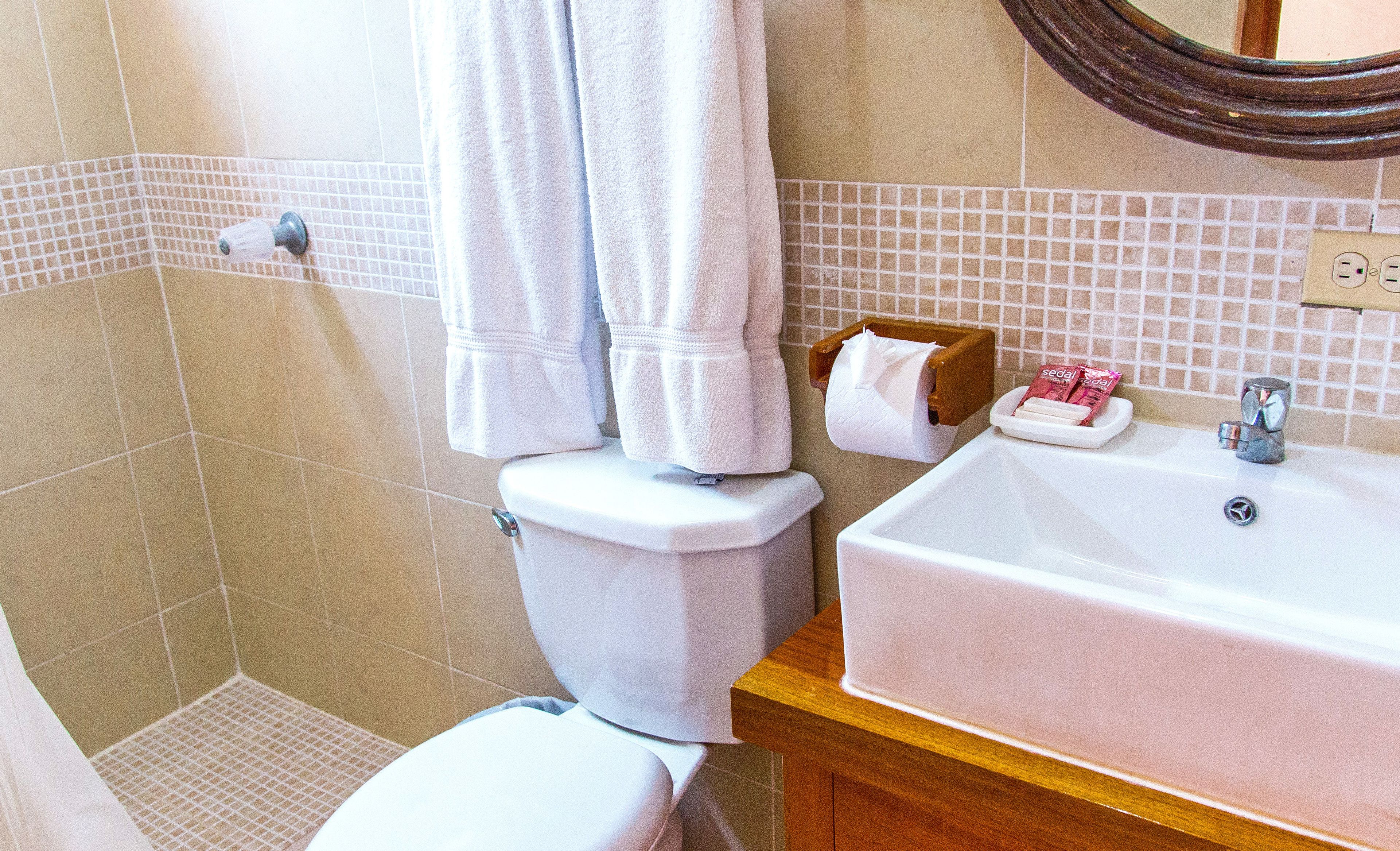 A bathroom with a toilet, sink, and shower area.