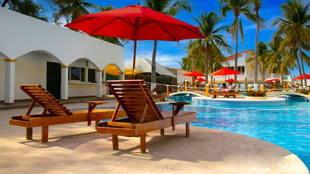 Zona de piscina con sillones de madera y sombrillas rojas, rodeada de palmeras y un cielo azul despejado.