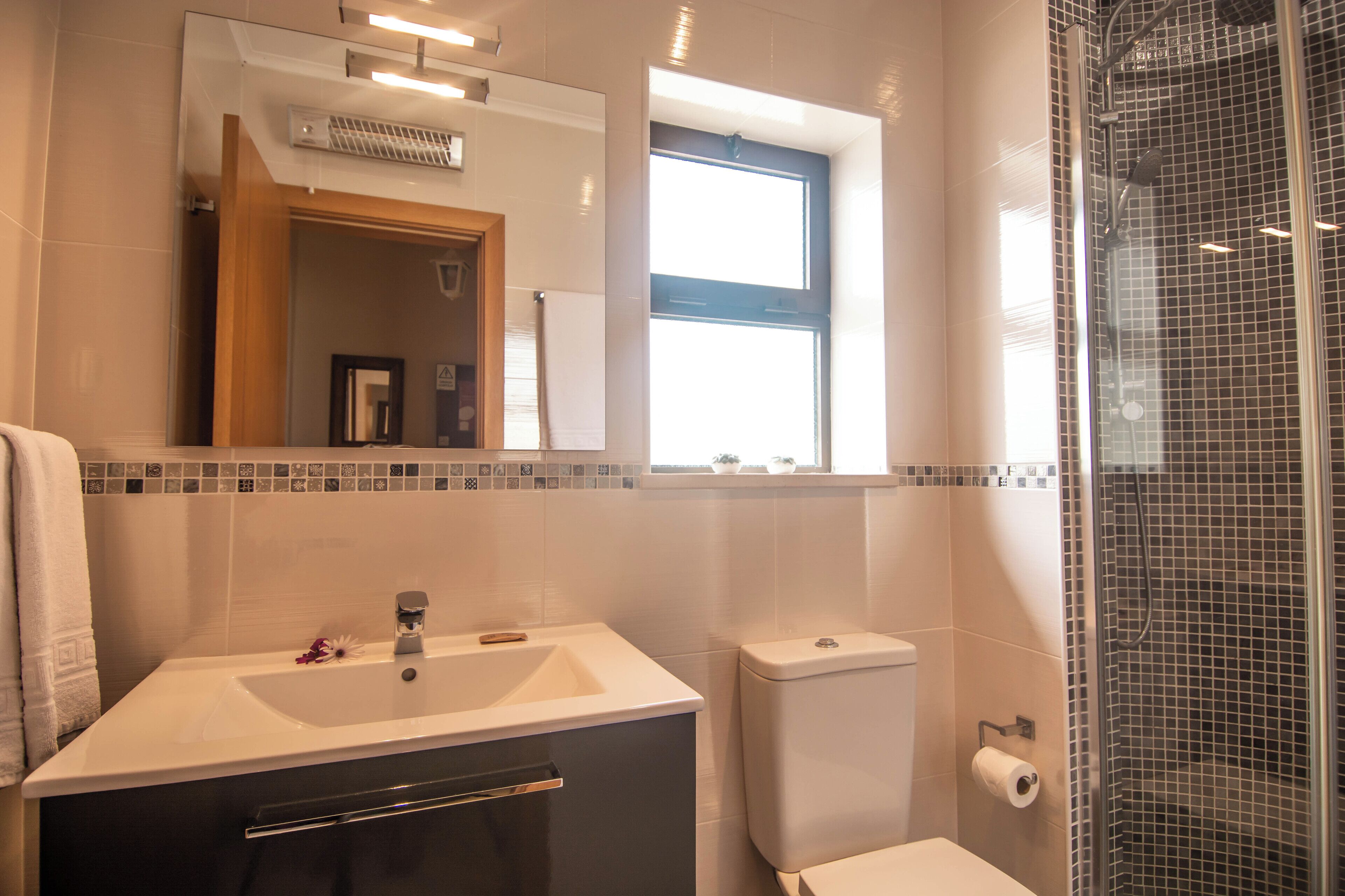 A bathroom with a sink, mirror, toilet, and shower.