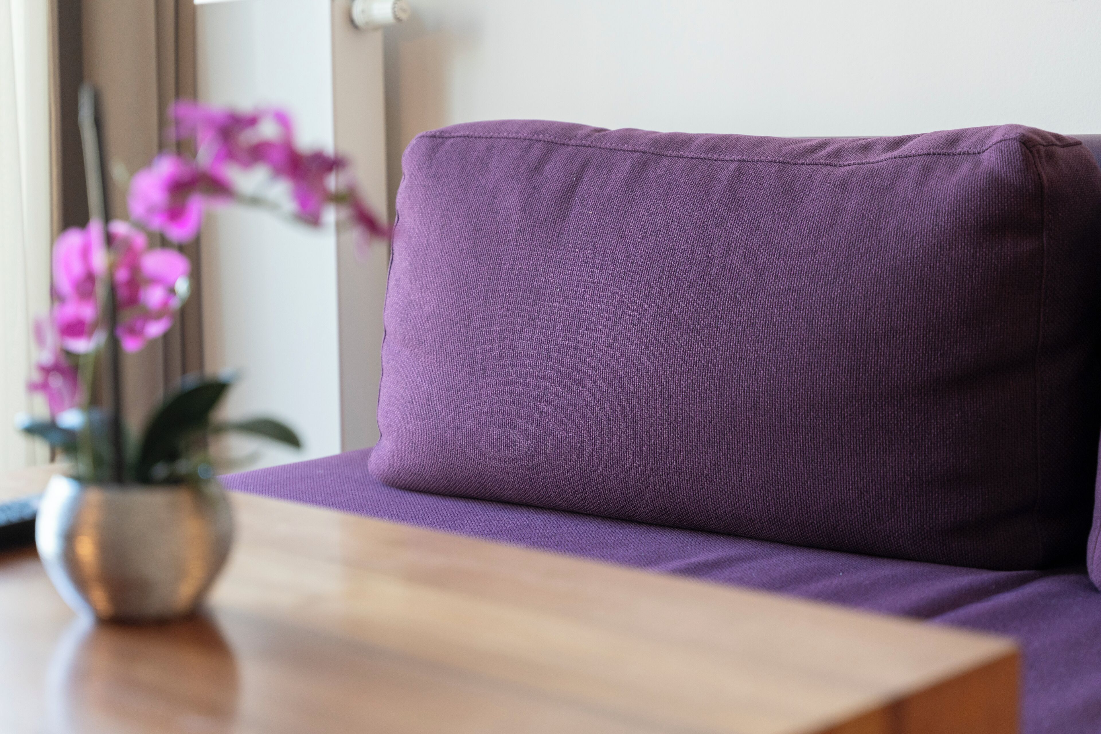 Een paarse bank met een geribbelde print, een houten tafel en een potplant met roze bloemen.