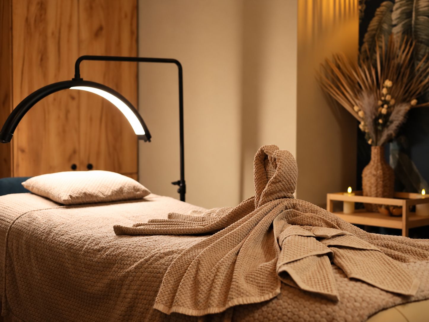 Een bed met een gebreide deken en een zwarte bureaulamp.