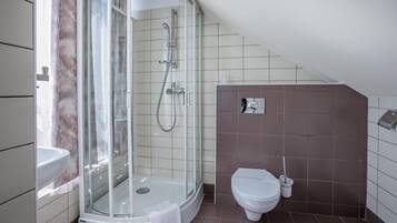 A modern bathroom with a glass-enclosed shower, a white sink, and a toilet.