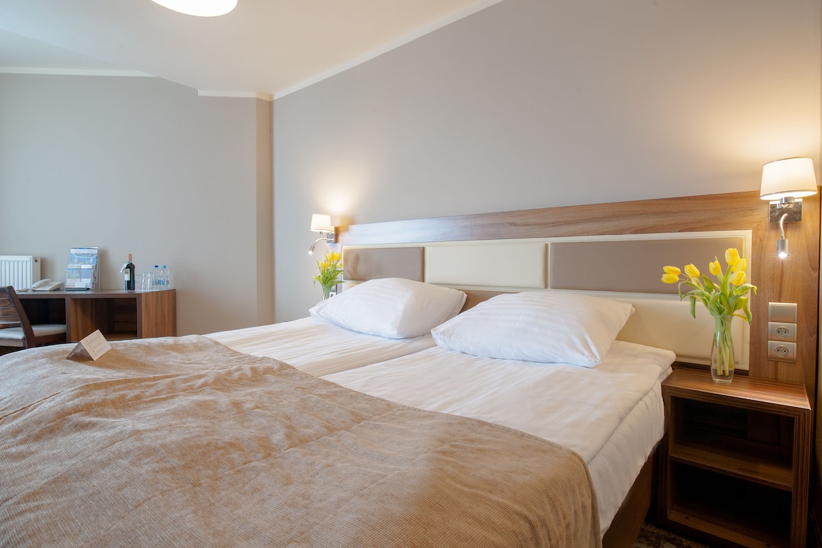 A hotel room with two beds, a desk, and a nightstand with lamps.