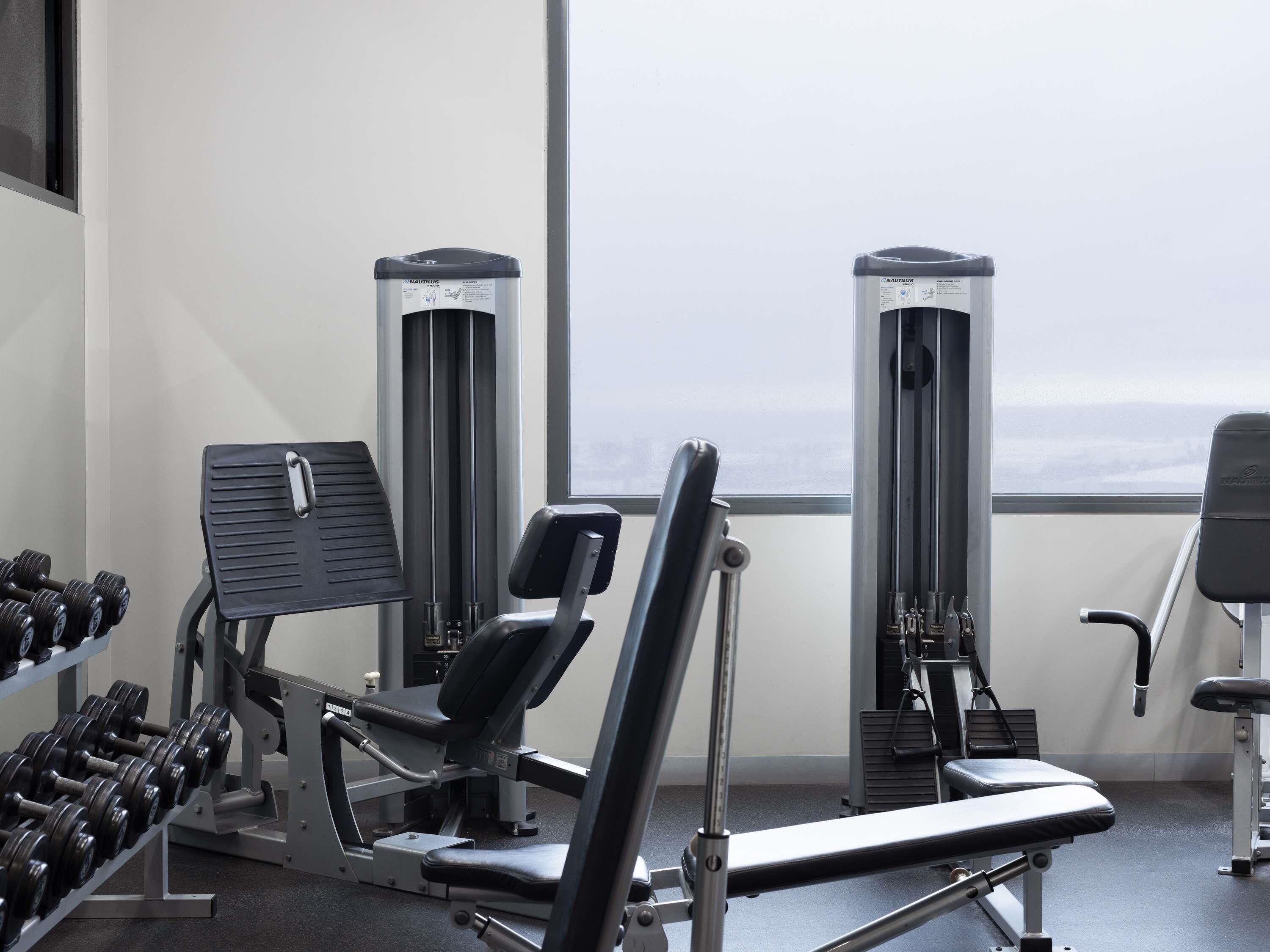 Un gimnasio con equipo de ejercicio, mancuernas y una ventana con vistas.