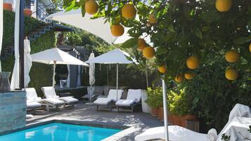 A poolside area with lounge chairs, umbrellas, and a wooden deck.