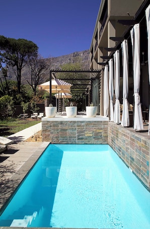 Una piscina al aire libre, sillones reclinables de piscina