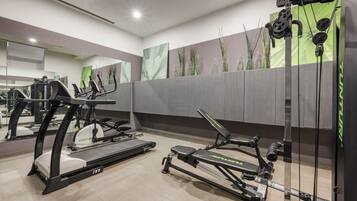 A modern gym with cardio machines, weight benches, and mirrors.