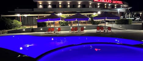 Seasonal outdoor pool, pool umbrellas, pool loungers