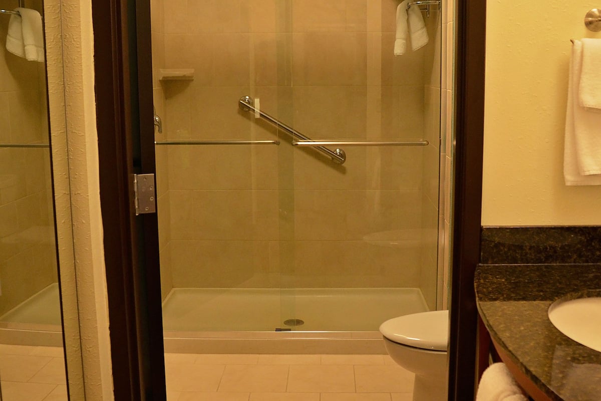 designer toiletries, hair dryer, towels, soap