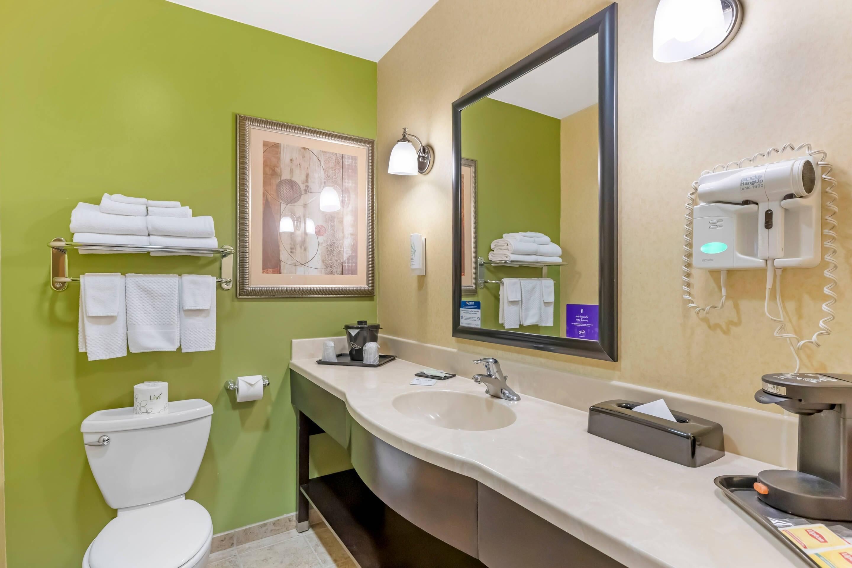 Une salle de bain avec un mur vert, un lavabo blanc, un grand miroir, un sèche-cheveux et des serviettes soigneusement pliées.