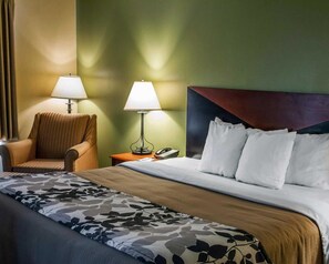 A hotel room with a bed, a chair, two bedside lamps, and a telephone.