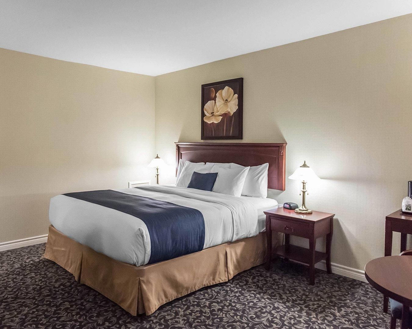Habitación de hotel con una cama grande, una mesita de noche, una lámpara y un cuadro en la pared.