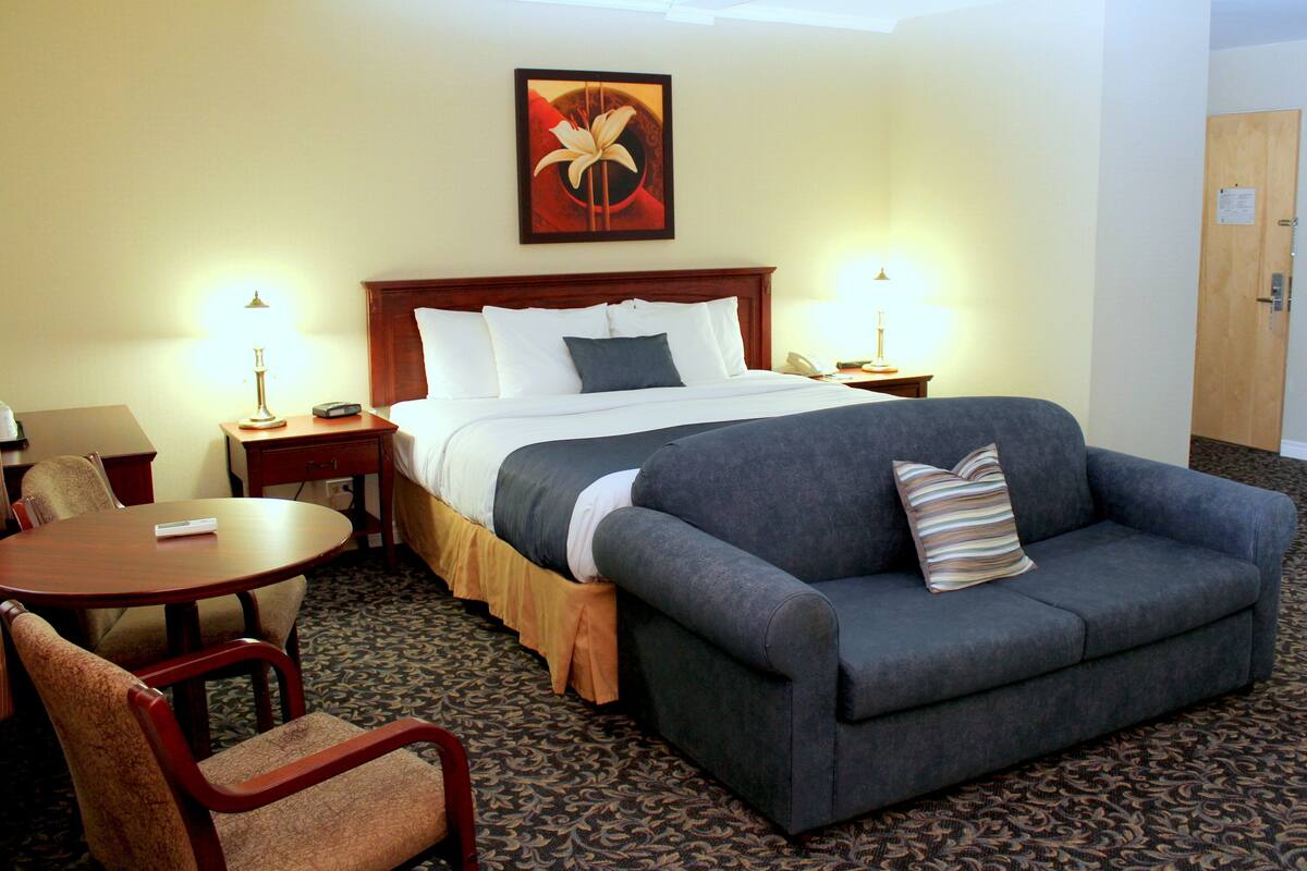 A hotel room with a bed, a sofa, a chair, a desk, and a lamp.