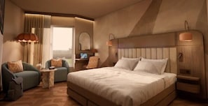 A hotel room with a large bed, two armchairs, a small table, a nightstand, a lamp, and a window with curtains.