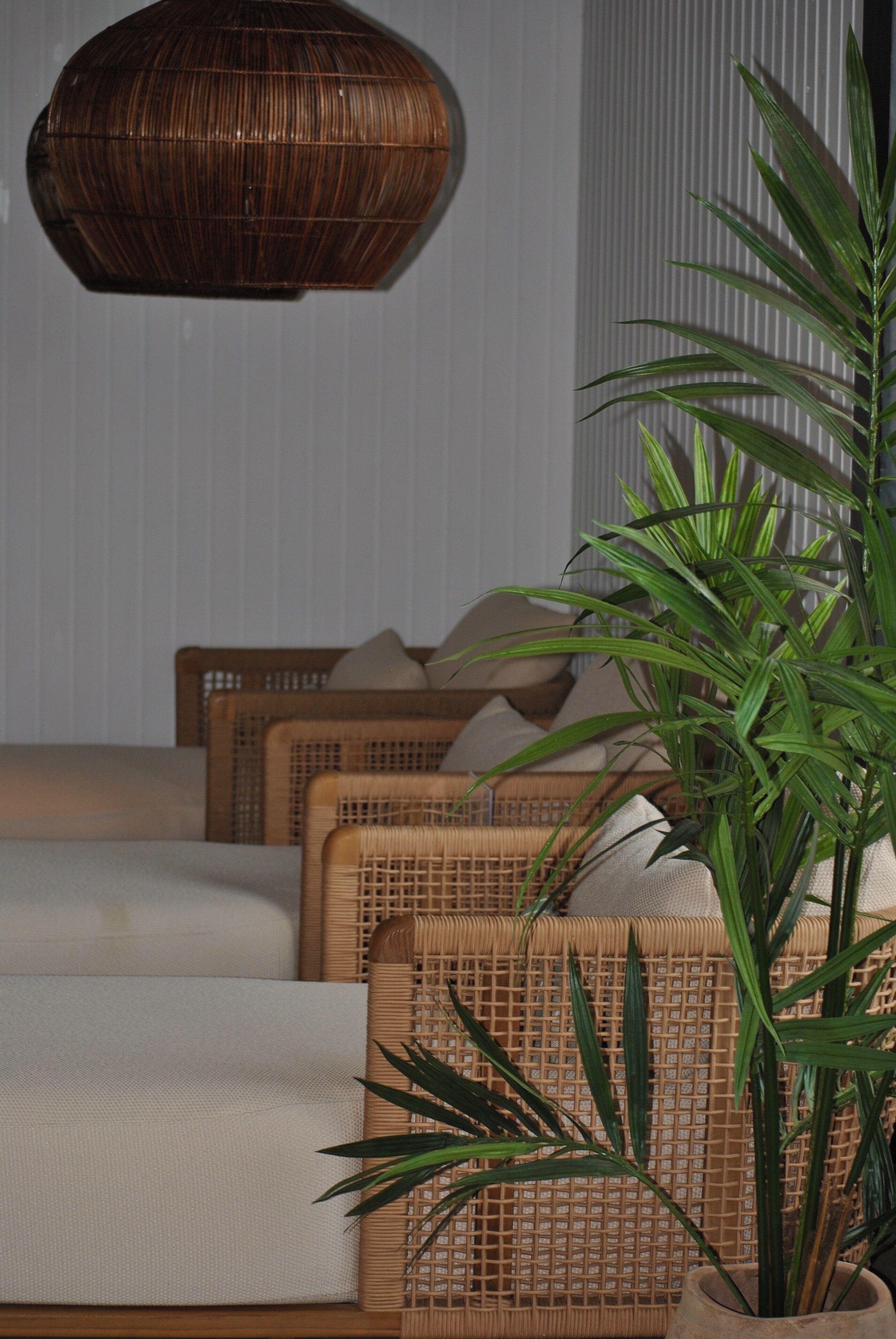 A room with a bed, a hanging light fixture, and a potted plant.