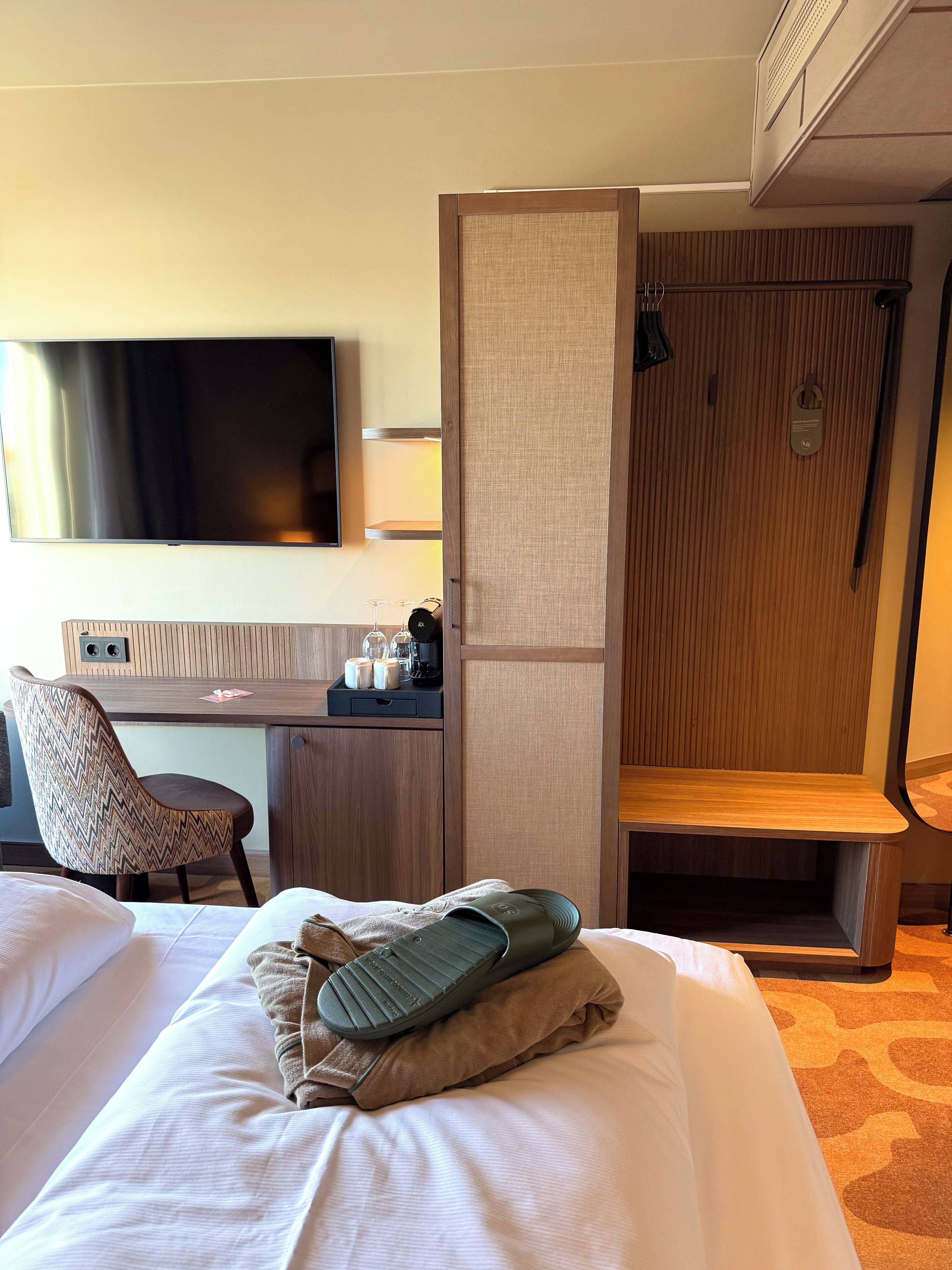 Habitación de hotel con cama, escritorio con silla, televisor y zona de ducha.