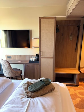 A hotel room with a bed, a desk with a chair, a television, and a shower area. - Strand Öland (Borgholm)