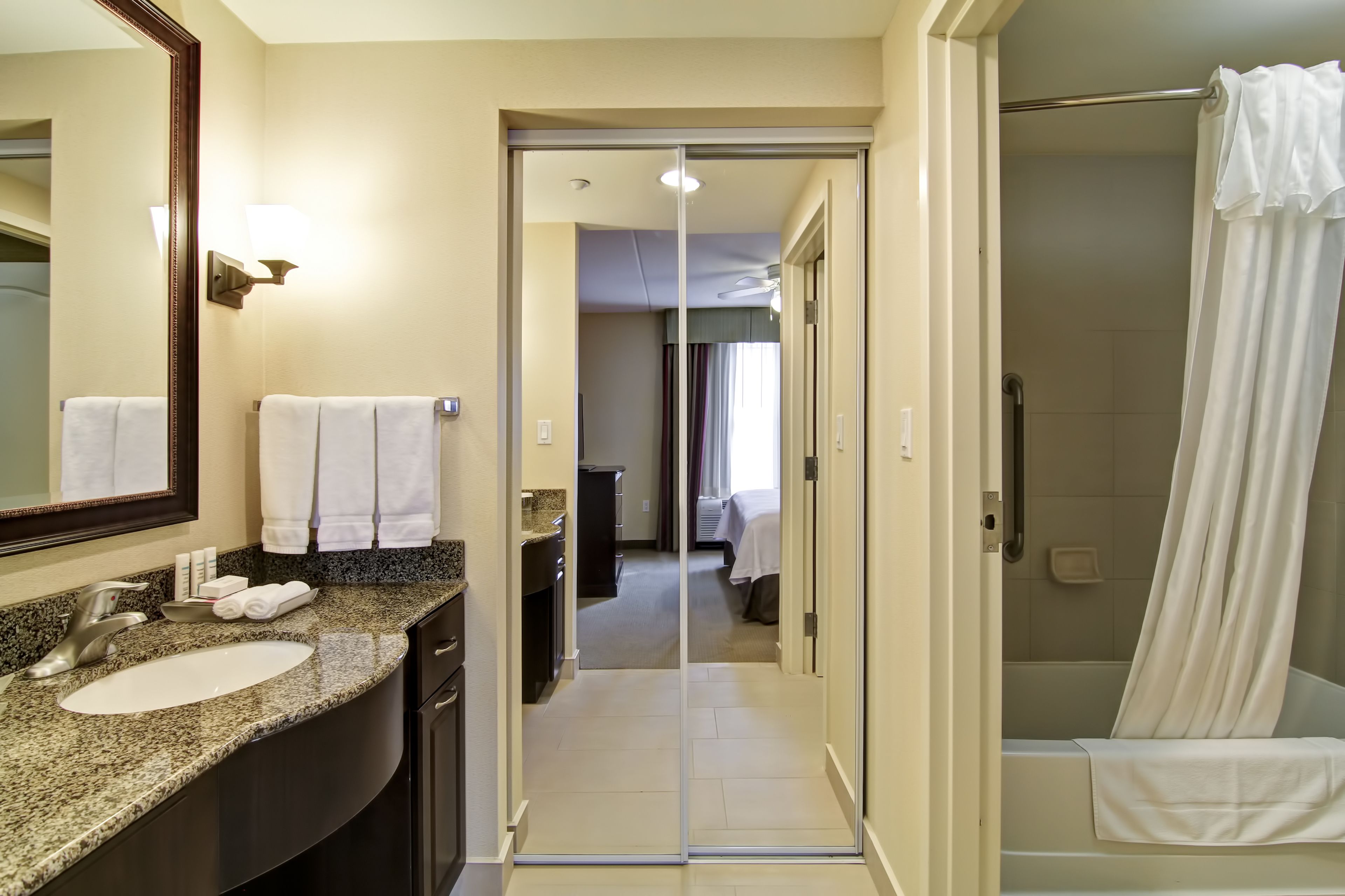 combined shower/bathtub, free toiletries, hair dryer, towels