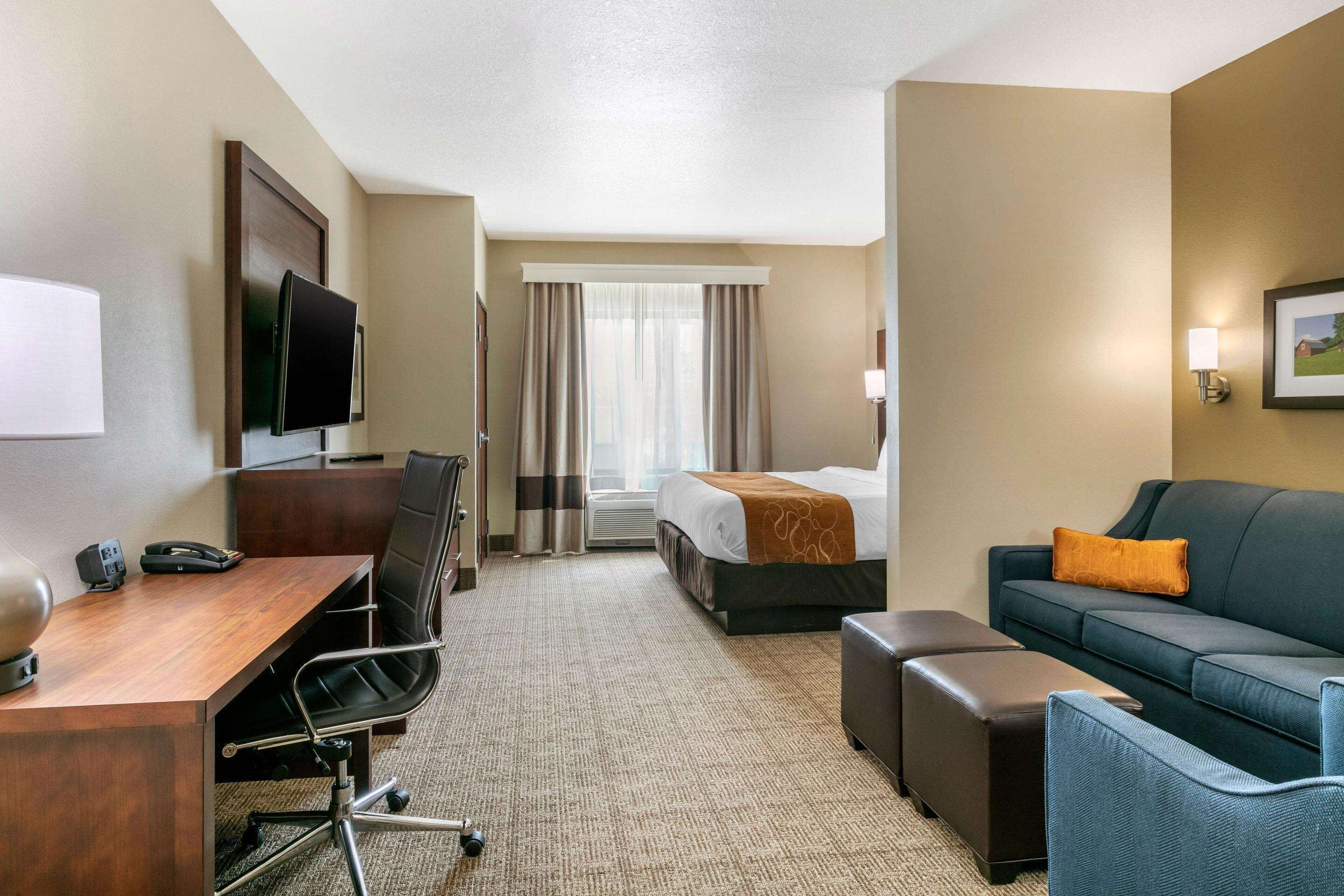 A hotel room with a wooden desk, a television, a bed with a brown blanket, a blue sofa, and a small table.