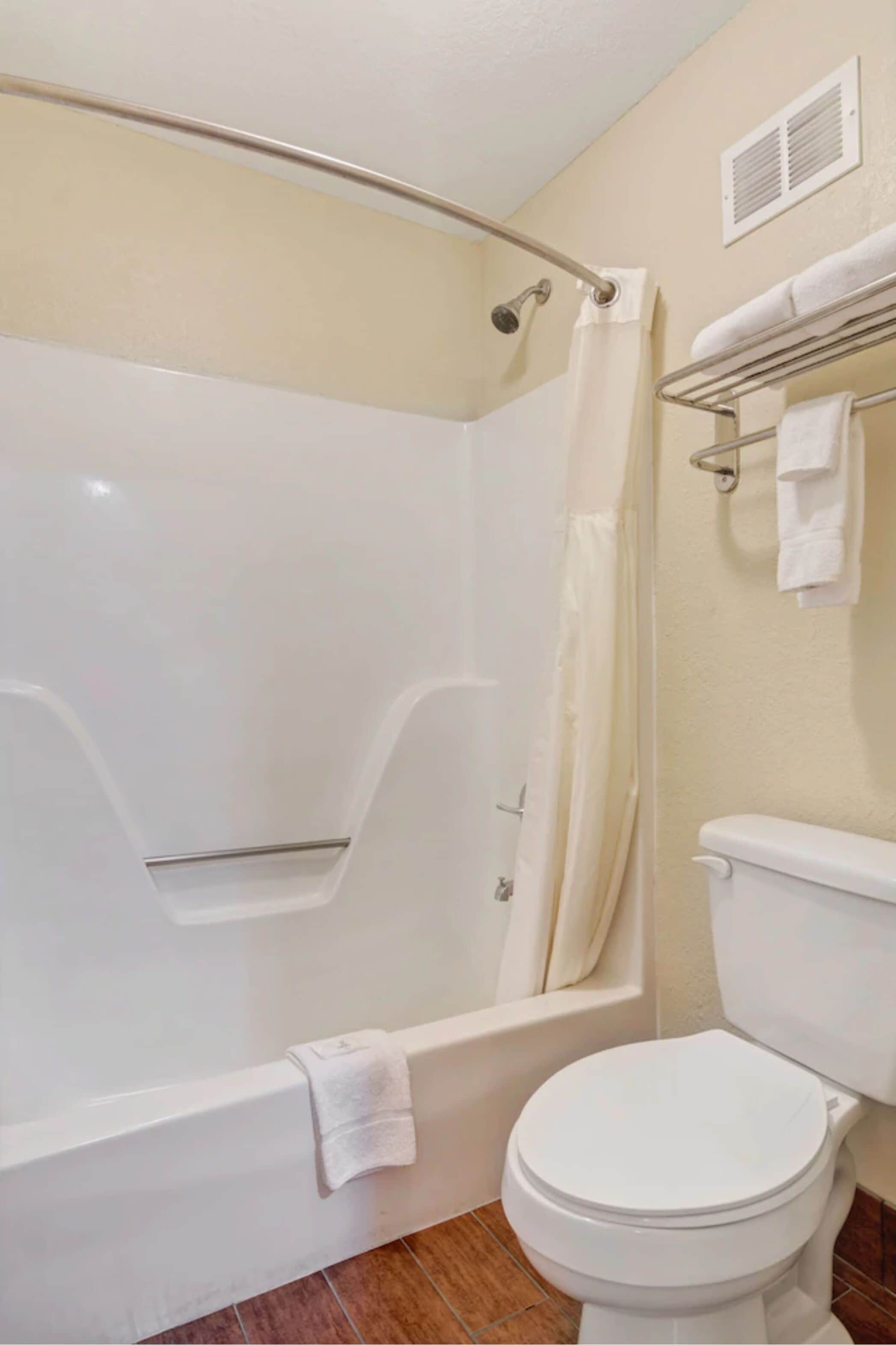 Une salle de bain avec une baignoire, des toilettes et un porte-serviettes.