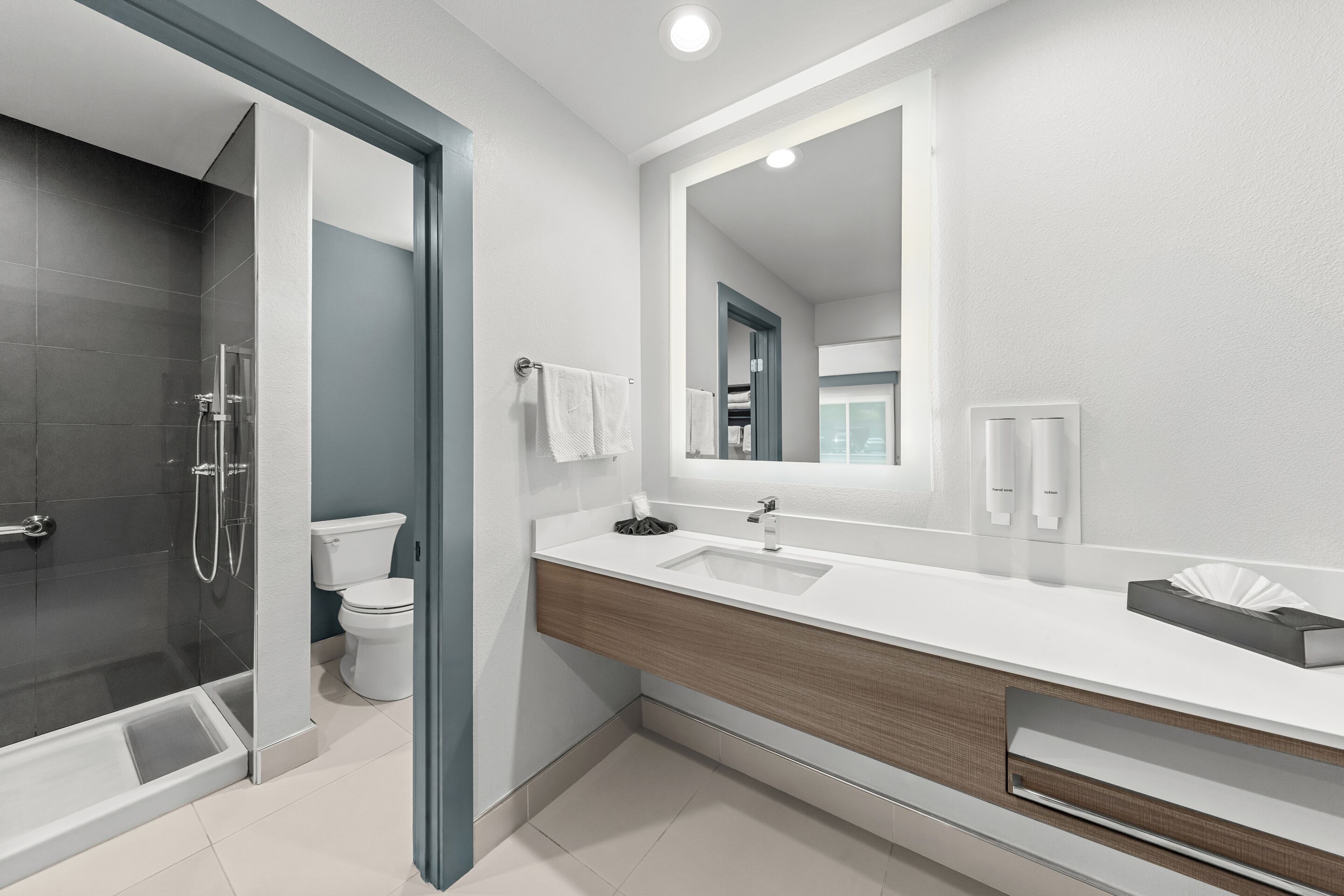 Une salle de bain moderne équipée d’une douche, de toilettes et d’un lavabo.