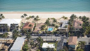 A coastal residential area with houses, a beach, and palm trees.