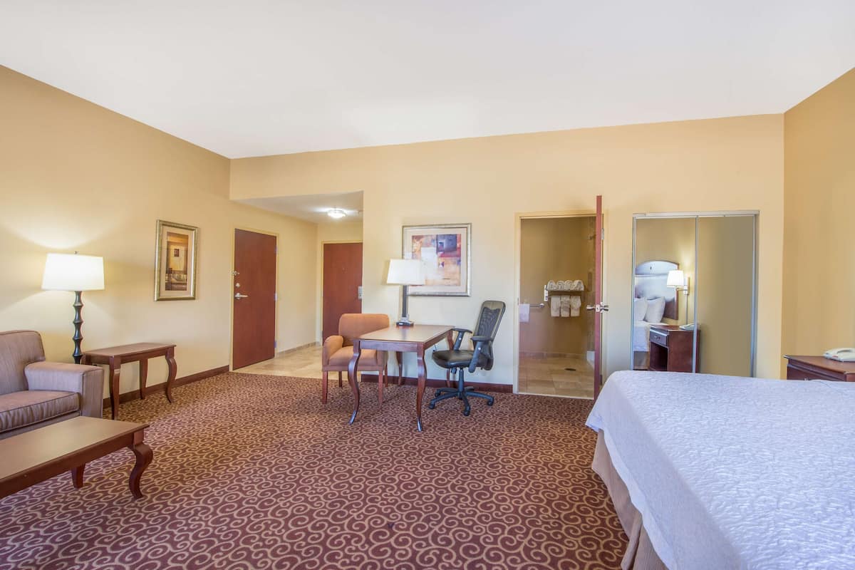 A hotel room with a bed, a desk with a chair, a sofa, a lamp, and a framed picture on the wall.