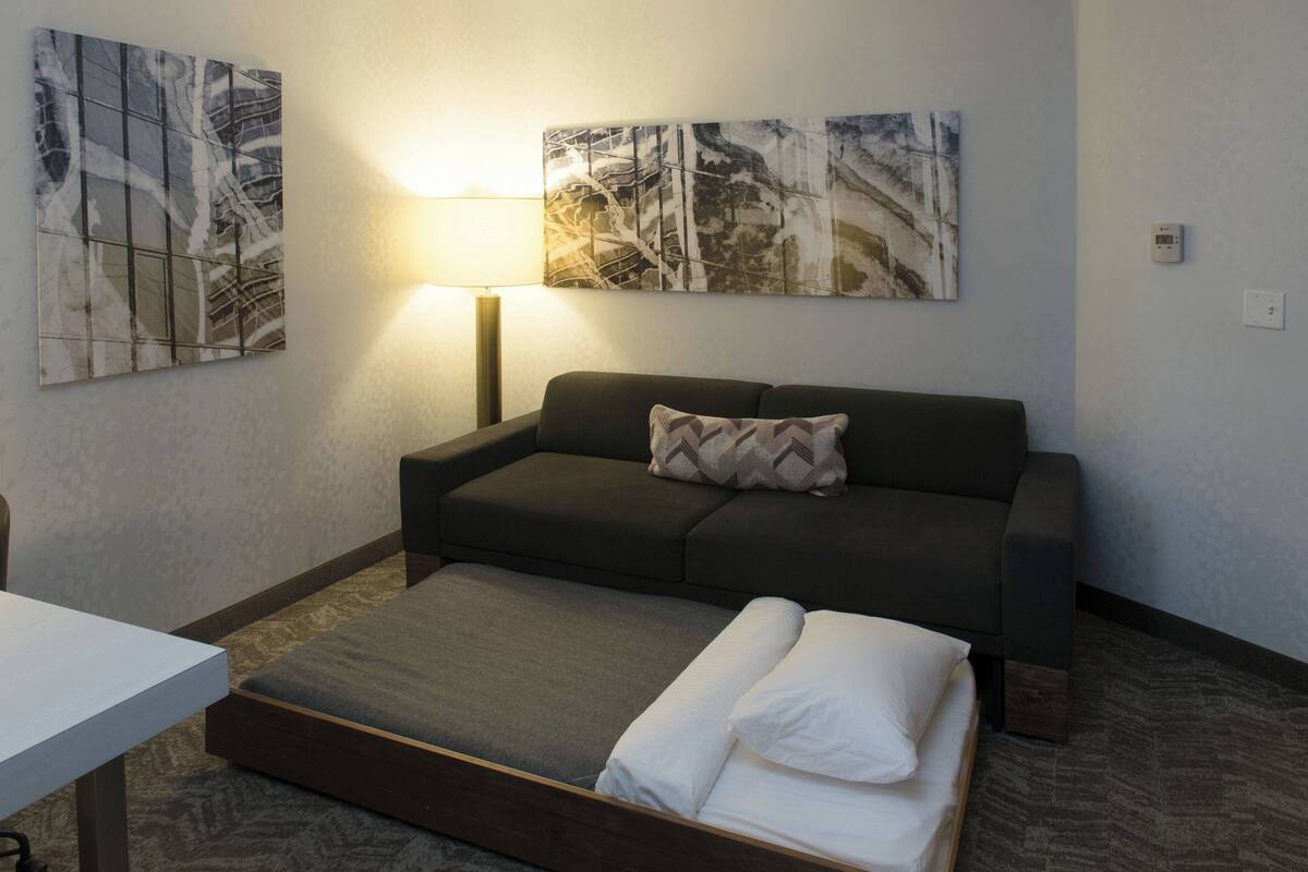 A modern hotel room with a sofa bed, a small table, and two abstract paintings on the wall.