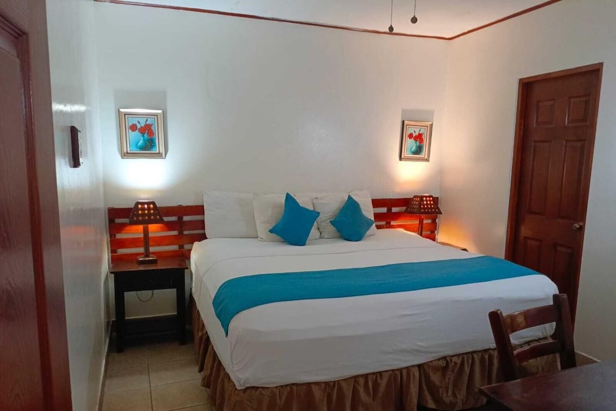 A neatly arranged bedroom with a bed, two bedside tables, and a door.