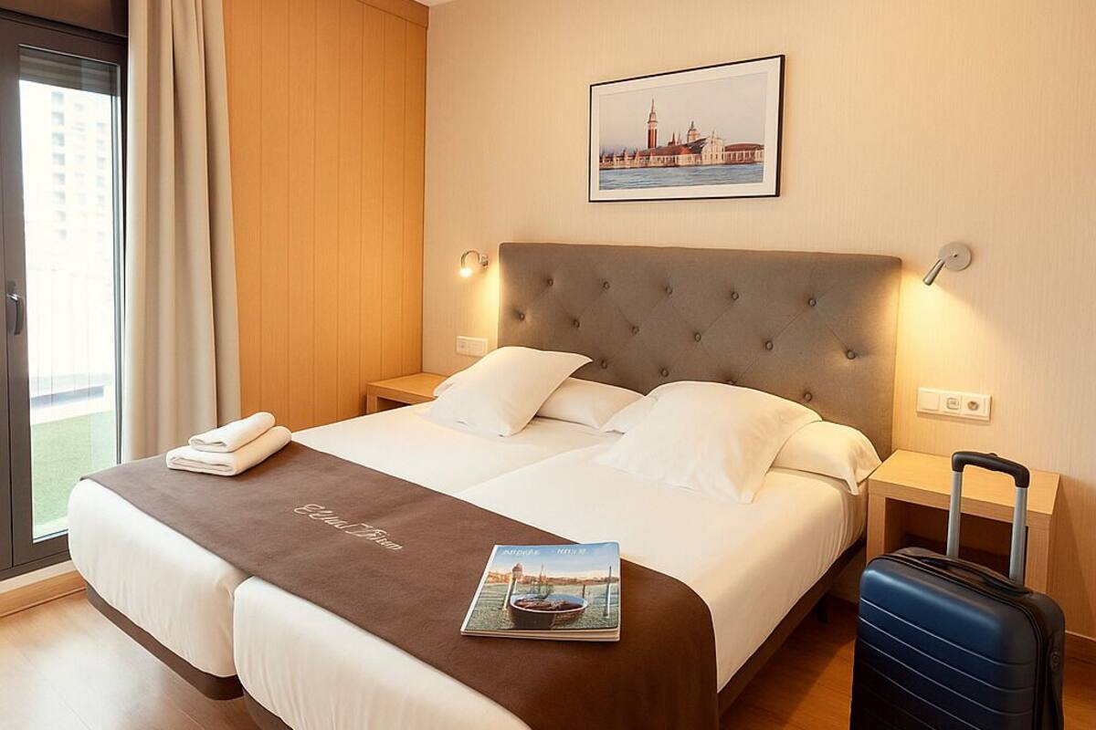 A hotel room with a large bed, a view of a cityscape, a suitcase, and a framed picture on the wall.