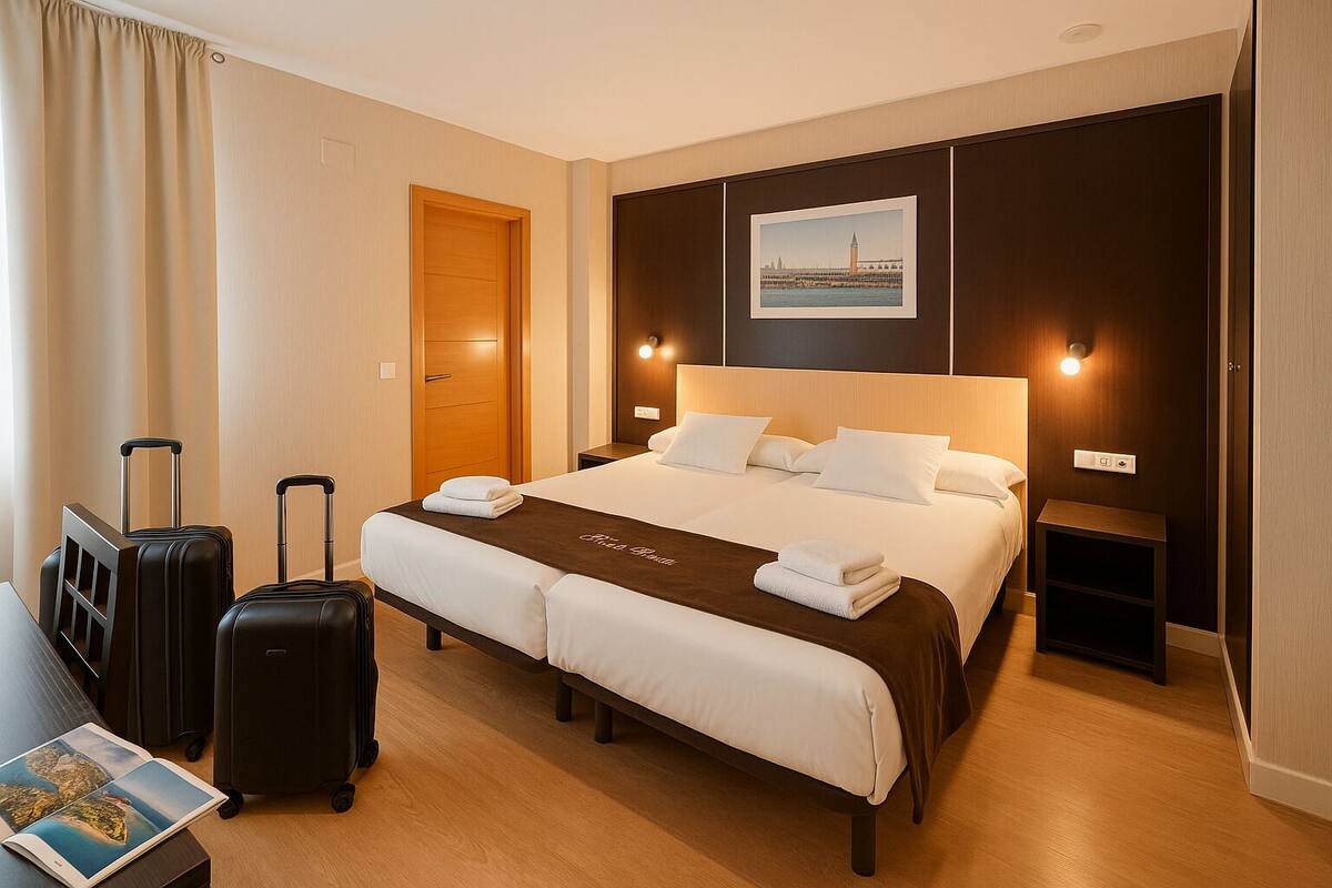 A hotel room with a large bed, a bedside table, a nightstand, a wall-mounted picture, and a door. There are two suitcases and a book on the floor.