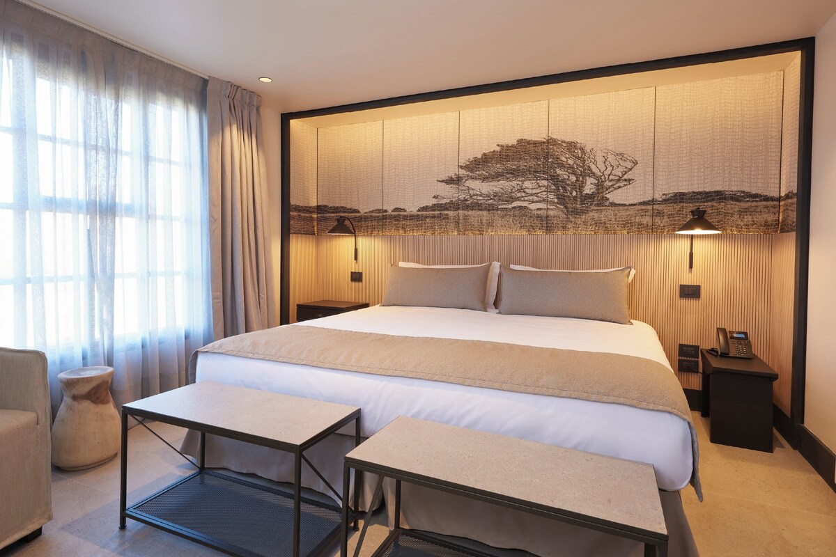 Een hotelkamer met een groot bed, nachtkastjes, een bureau, een stoel en uitzicht op een boom door een raam.