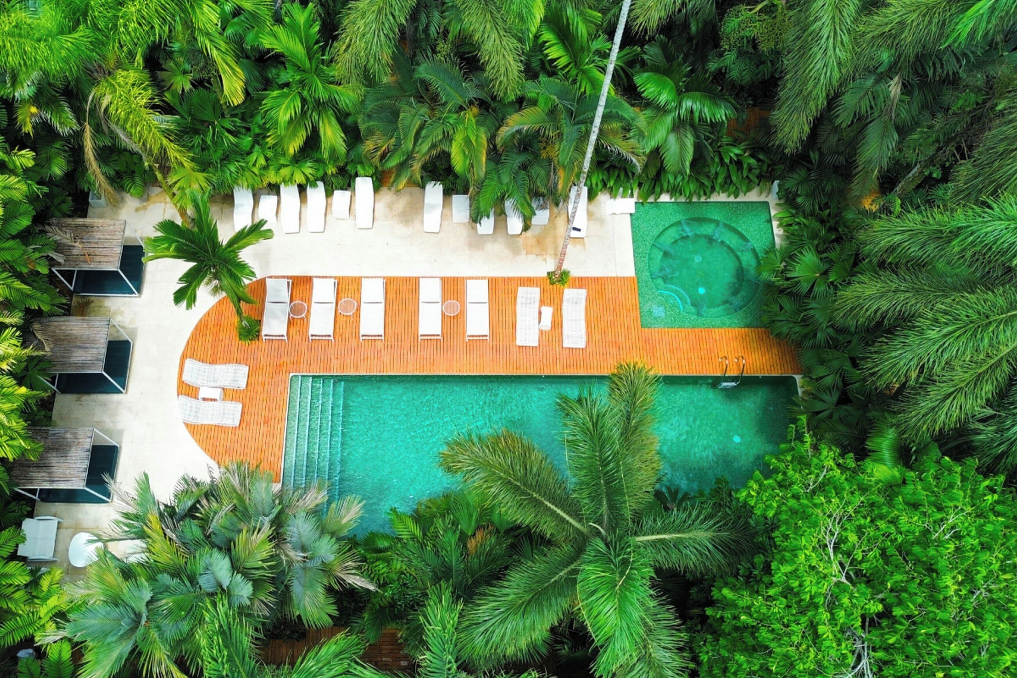 Vista aérea de un complejo turístico con zona de piscina rodeada de exuberante vegetación, incluyendo palmeras y otras plantas tropicales.