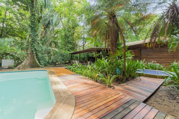 A wooden deck leading to a pool surrounded by lush tropical vegetation.
