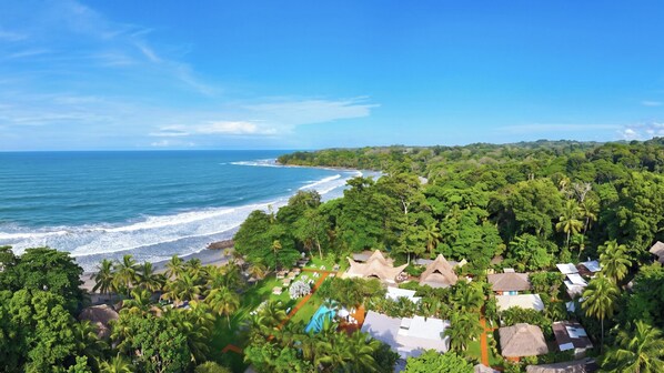 Un resort tropical con alojamiento frente a la playa, abundante vegetación y vistas claras del océano.
