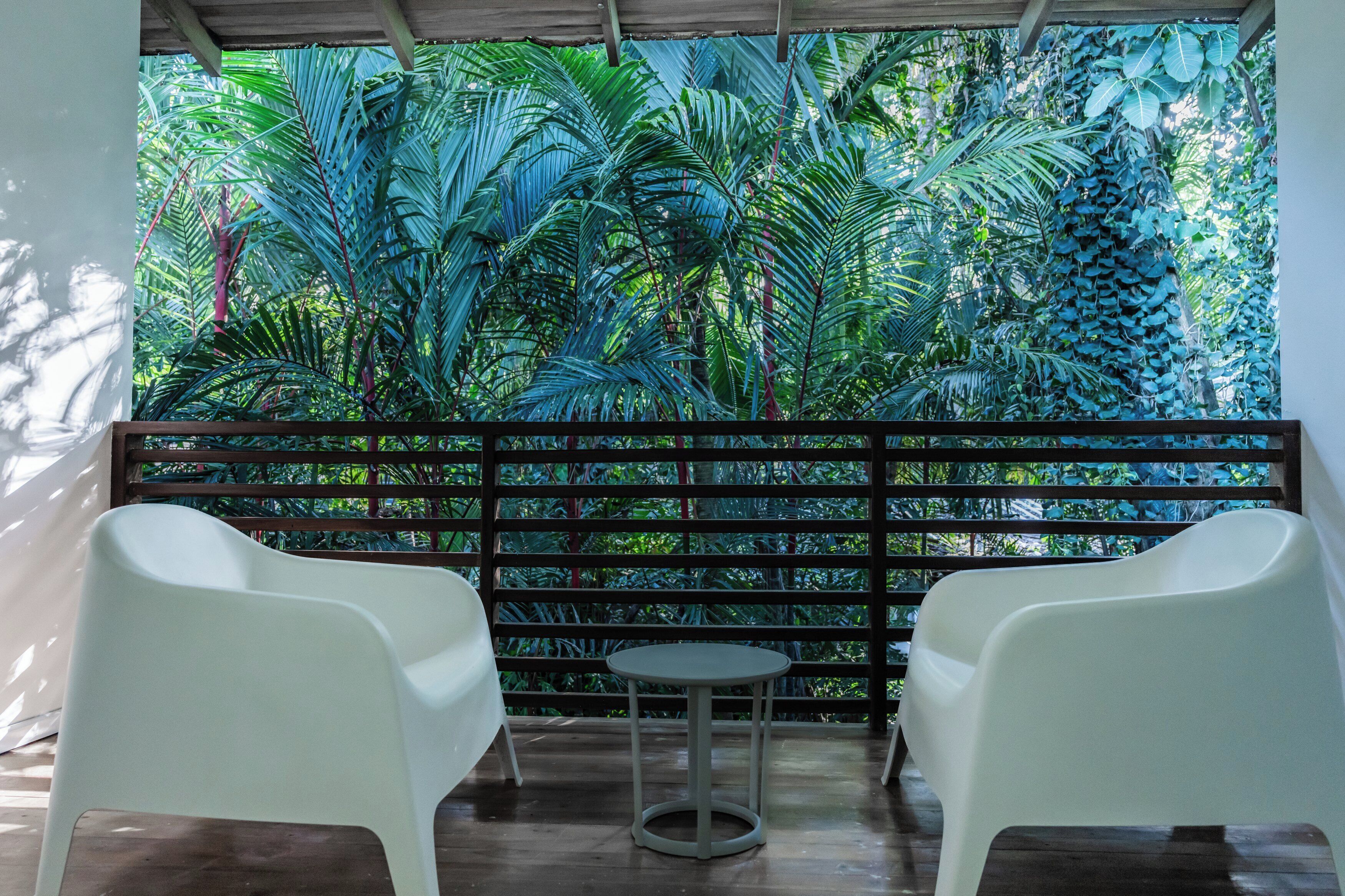 Una habitación con vistas a frondosa vegetación tropical visible a través de una celosía de madera. Hay dos sillas de plástico blanco y una pequeña mesa redonda.