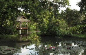 A tranquil pond with lily pads and pink flowers, surrounded by lush greenery and a wooden gazebo. - Anantara Mai Khao Phuket Villas (Mai Khao)