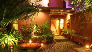 A courtyard with potted plants, a stone pathway, and a staircase leading to an upper level.