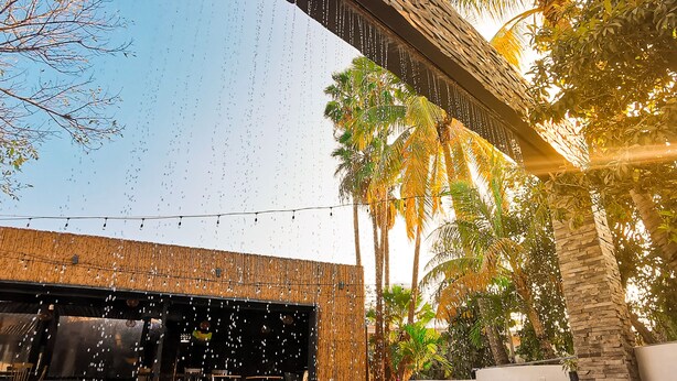 A pool area with a wooden pergola overhead, palm trees, and a clear sky. - Gran Hotel Las Fuentes (Ciudad Victoria)