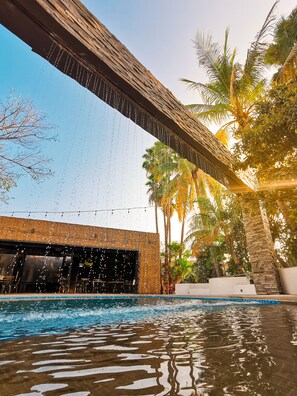 A pool area with a wooden pergola overhead, palm trees, and a clear sky.