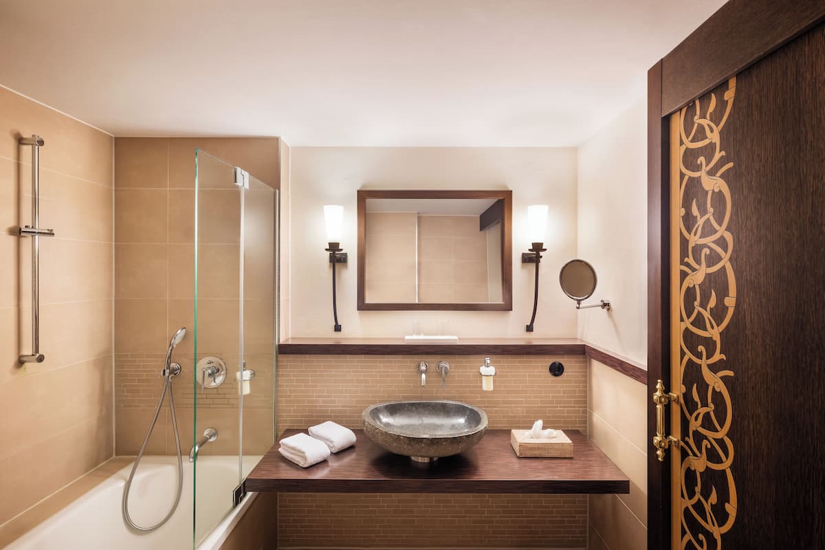 shower, rainfall showerhead, hair dryer, bathrobes