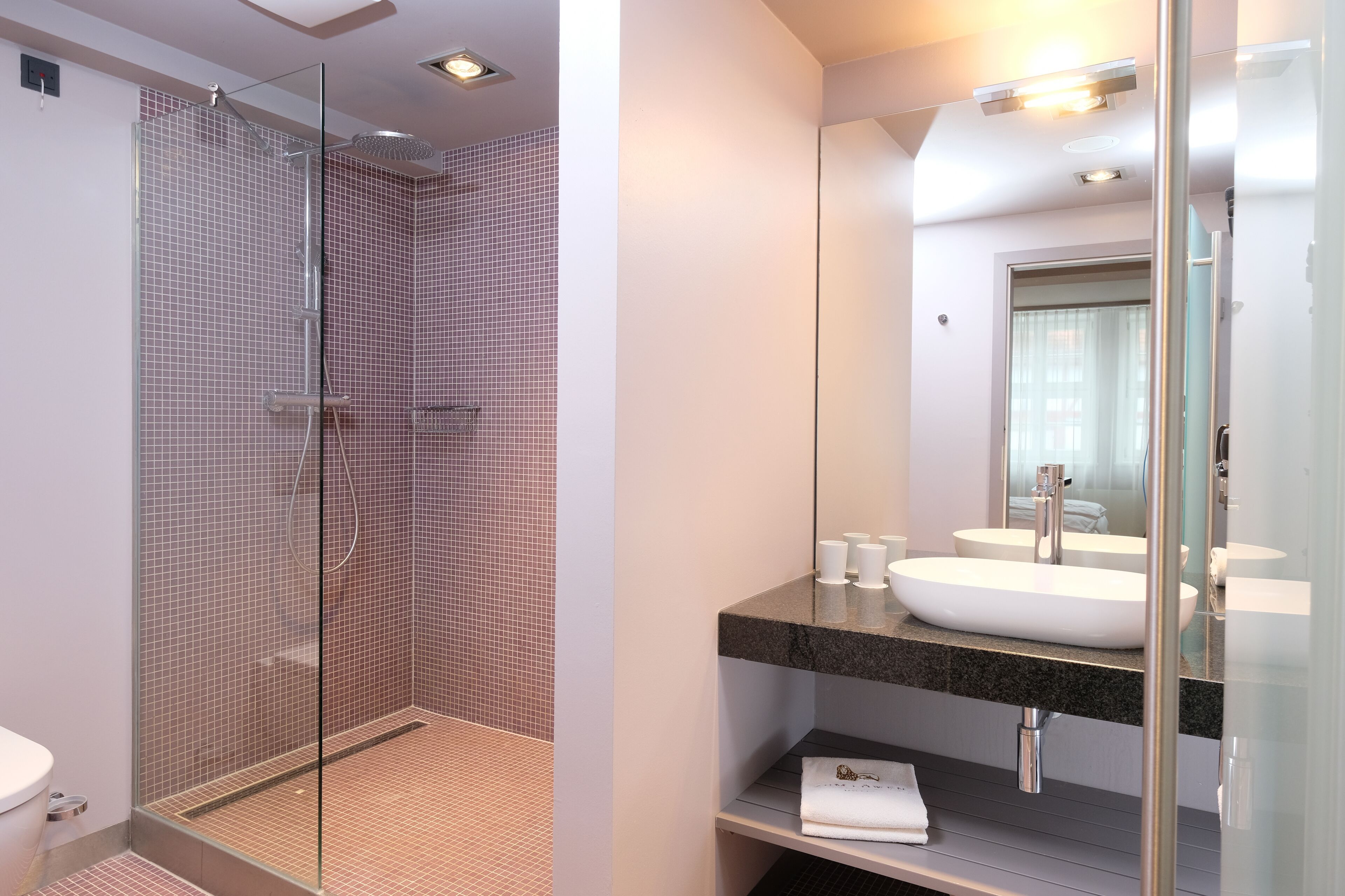 Un baño moderno con ducha de mampara de vidrio, un lavamanos blanco y un espejo grande.