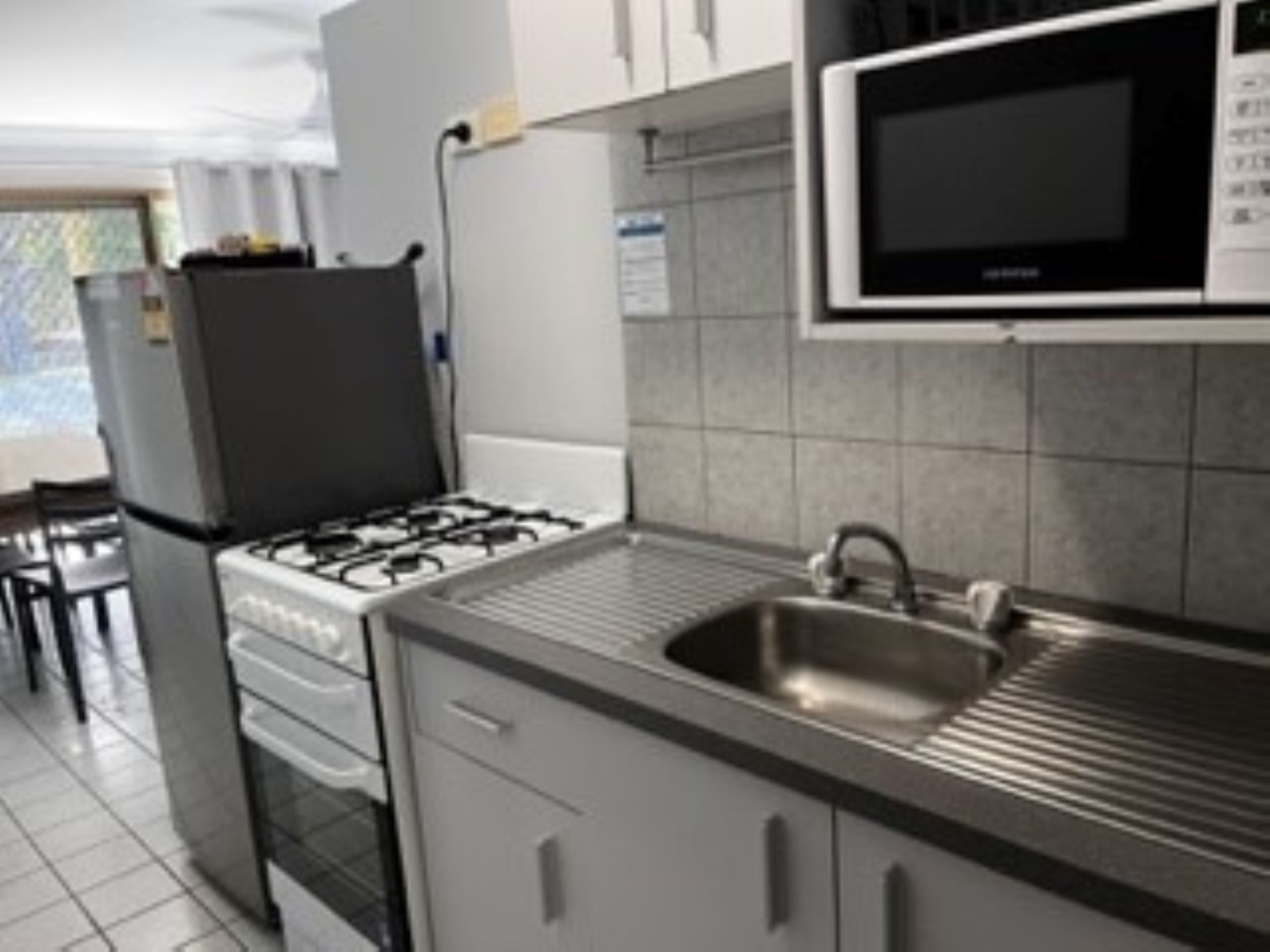 Une cuisine équipée d’une cuisinière à gaz, d’un four à micro-ondes, d’un évier et de placards.