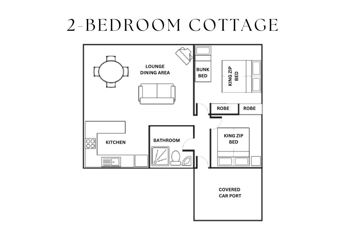Cette charmante maison de campagne comprend deux chambres, un salon-salle à manger, une cuisine, une salle de bain, un lit superposé, un grand lit et un abri-voiture couvert.