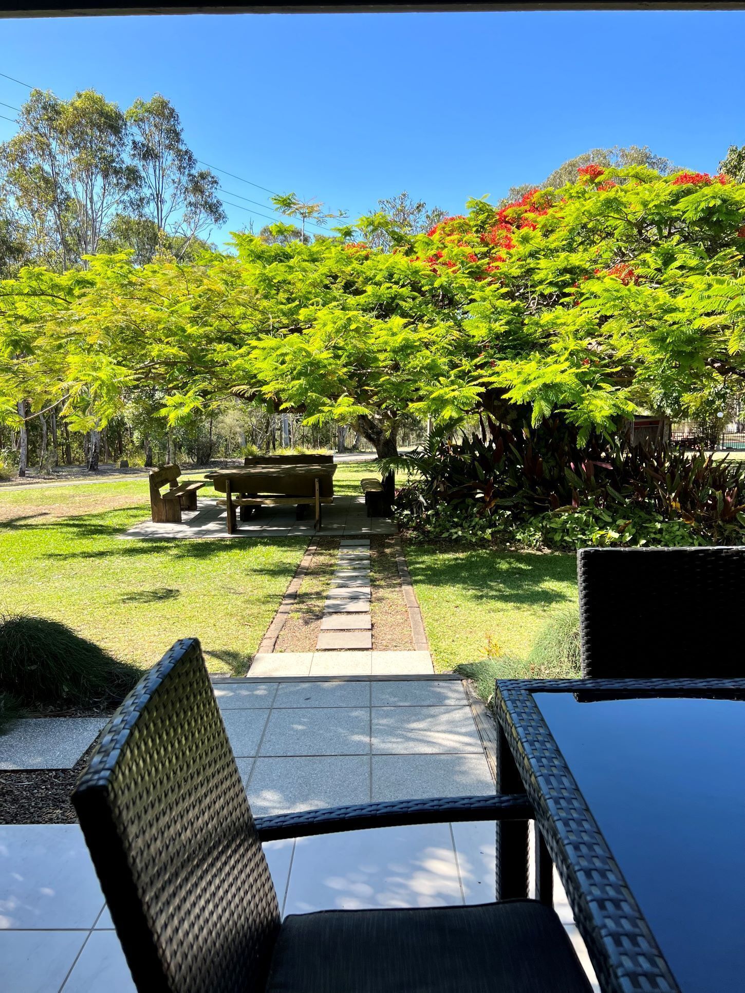 A patio area with a table and chairs, a pathway leading to a picnic table, and lush greenery.