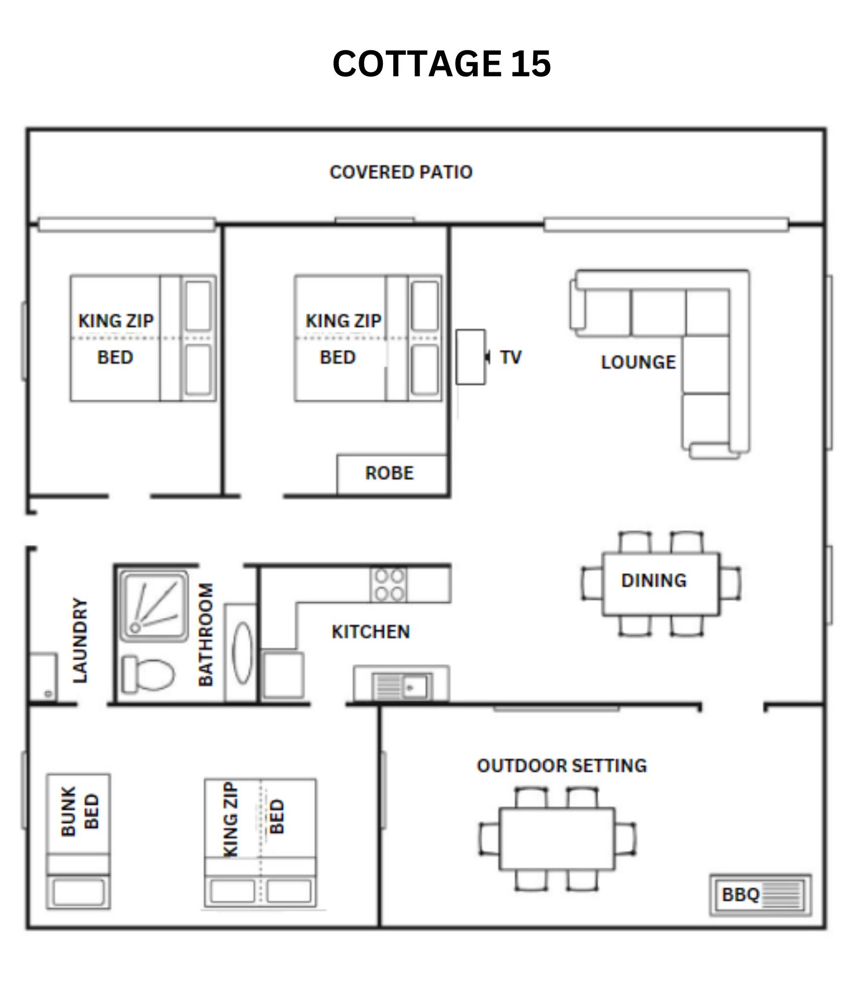 Grundriss von Ferienhaus 15 mit überdachter Terrasse, Kingsize-Betten mit geteilter Matratze, Wohnbereich, Essbereich, Küche, Waschküche, Bad, Etagenbett und Außenbereich mit Grill.