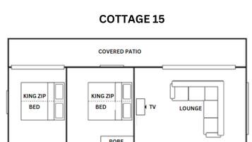 Grundriss von Ferienhaus 15 mit überdachter Terrasse, Kingsize-Betten mit geteilter Matratze, Wohnbereich, Essbereich, Küche, Waschküche, Bad, Etagenbett und Außenbereich mit Grill.