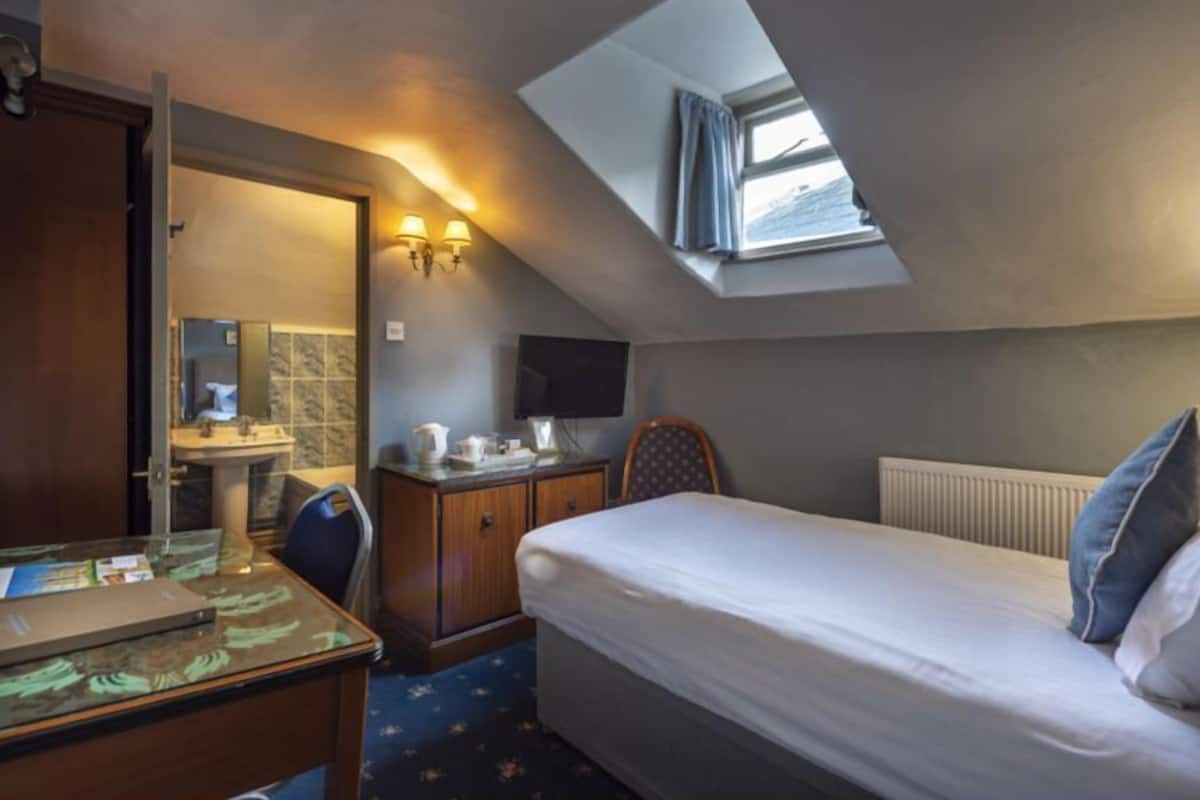 A bedroom with a skylight, a bed, a desk with a laptop, a chair, a nightstand, and a bedside table.