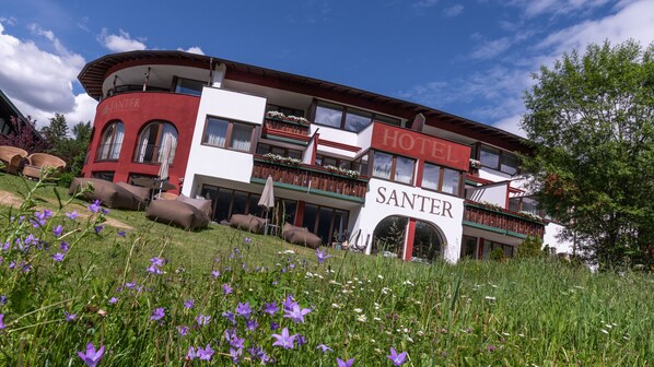 A hotel with a red and white facade, balconies with flower boxes, and a grassy foreground with purple flowers. - Romantik Hotel Santer (Dobbiaco)